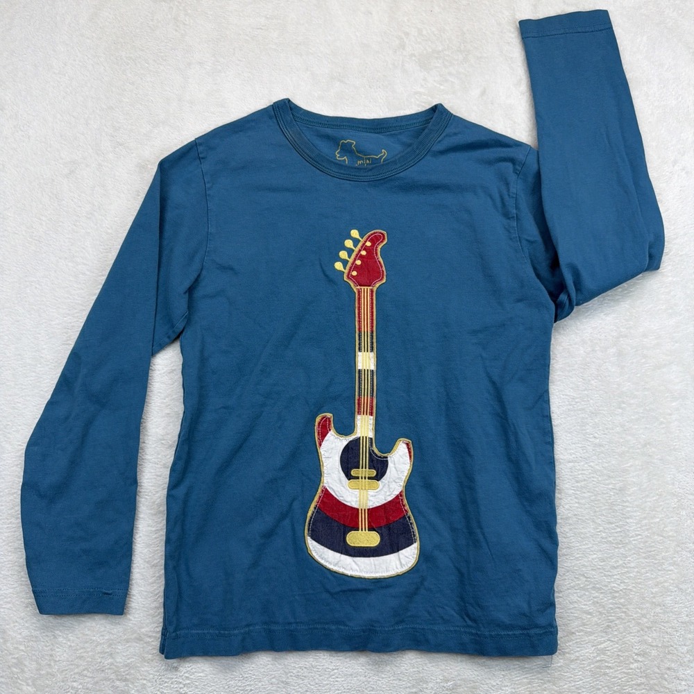 Mini Boden Boys Guitar Applique T Shirt 9-10 Blue Long Sleeve Rock Music